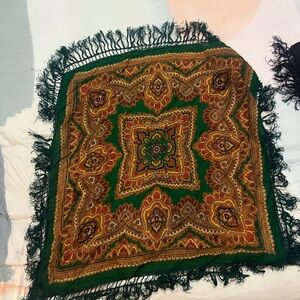 Vintage Green and Gold Fringed Scarf